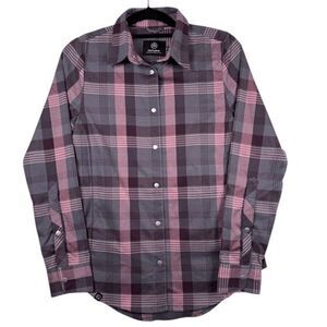 Flylow Brigette Tech Flannel in Shark Plaid Pink Purple Snap Close Size Small